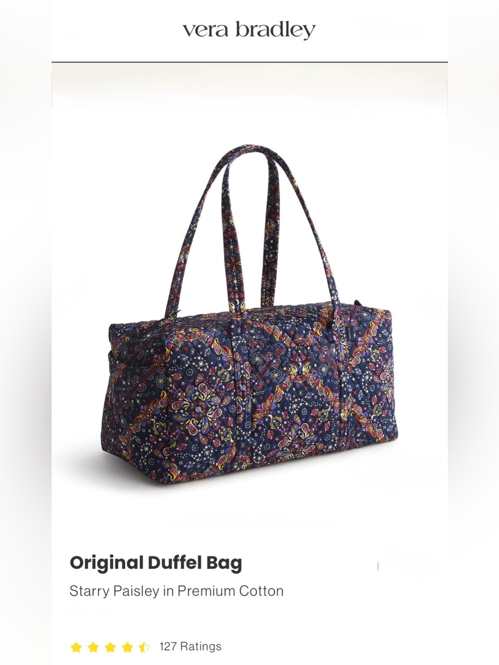 *new* Vera Bradley Original Duffel Bag Starry Paisley in Premium Cotton - Picture 4 of 11